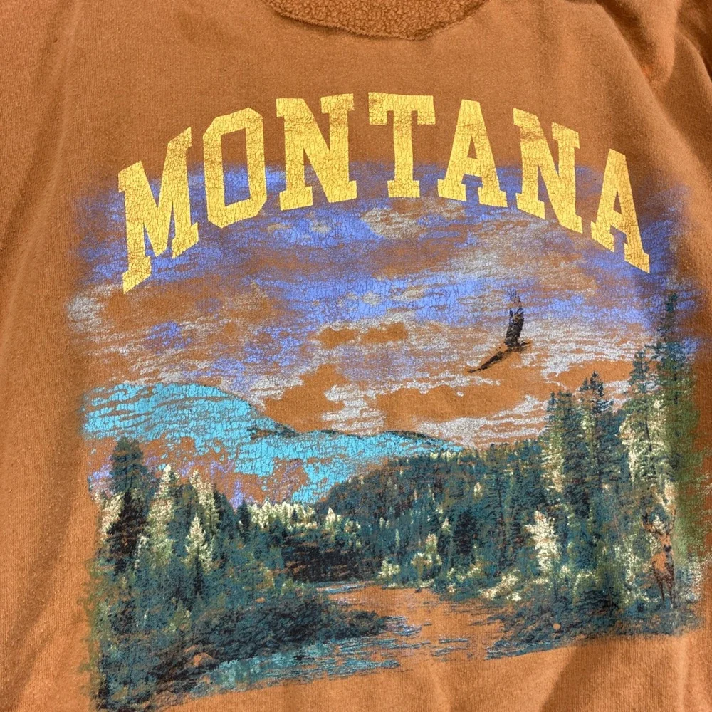 Baggy Montana Graphic Sweatshirt Womens XL Brown Distressed Raw Neck - Picture 3 of 10